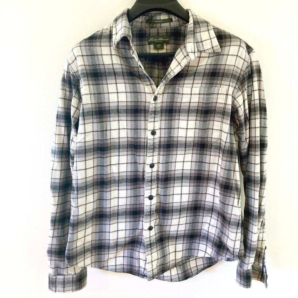 Eddie Bauer Button Down Women's Plaid Shirt Black White Classic Fit Relaxed XL